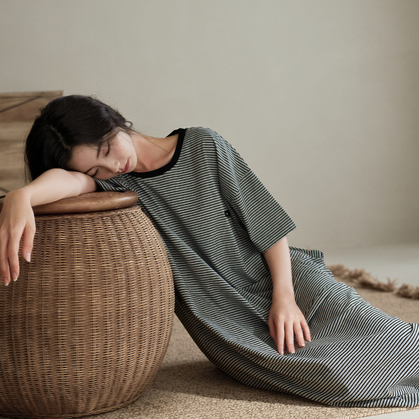睡裙女夏季纯棉短袖宽松可外穿长款睡衣条纹长裙家居服夏天连衣裙