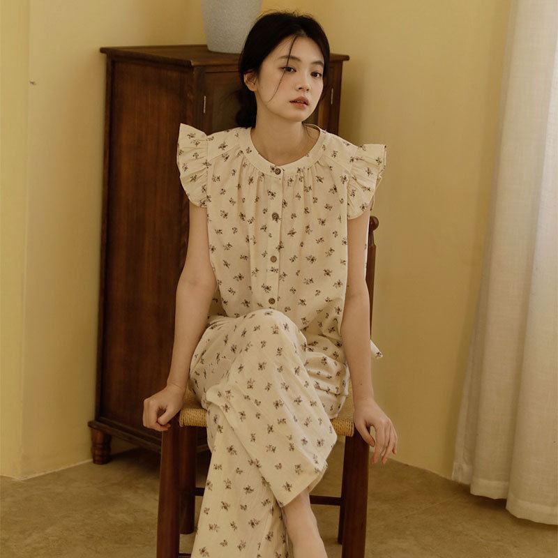 26年夏季新款棉麻纱布圆领无袖款 花卉印花休闲舒适森系睡衣套装