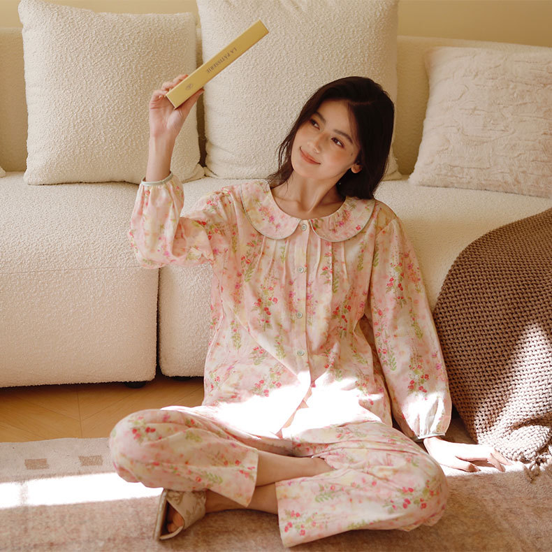 秋冬款女士全棉磨毛绚丽夏日玫瑰印花睡衣可爱娃娃领家居服套装
