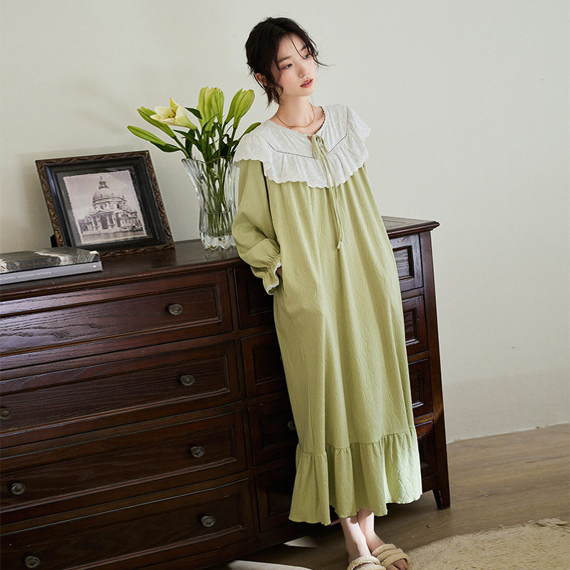 睡裙女春秋款长袖长款清新绿色甜美法式睡衣可外穿连衣裙子
