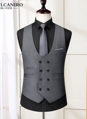 春秋季灰色双排扣休闲西装马甲男士修身英伦商务马夹男背心坎肩潮
