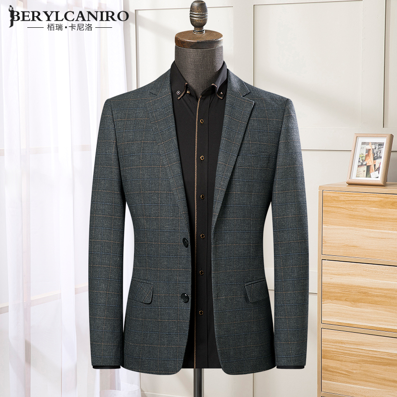 秋季韩版修身休闲小西装男士外套新款中年商务格子西服男单件上衣