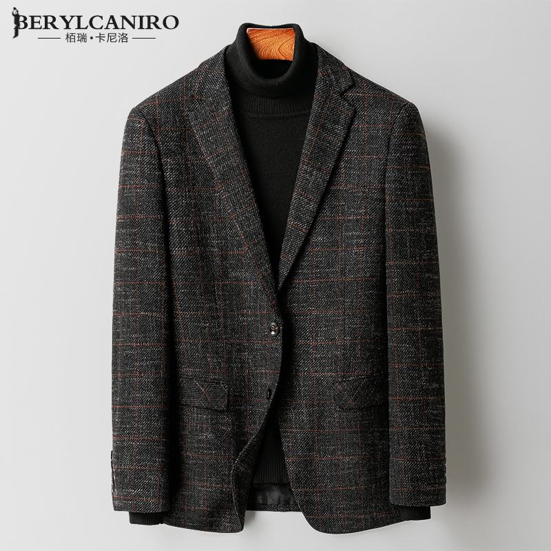 秋冬季呢子休闲西装外套男士单件韩版潮修身时尚复古肘补丁小西服