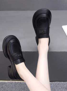 厚底小皮鞋女2025春季新款黑色英伦风一脚蹬单鞋软底乐福鞋大码