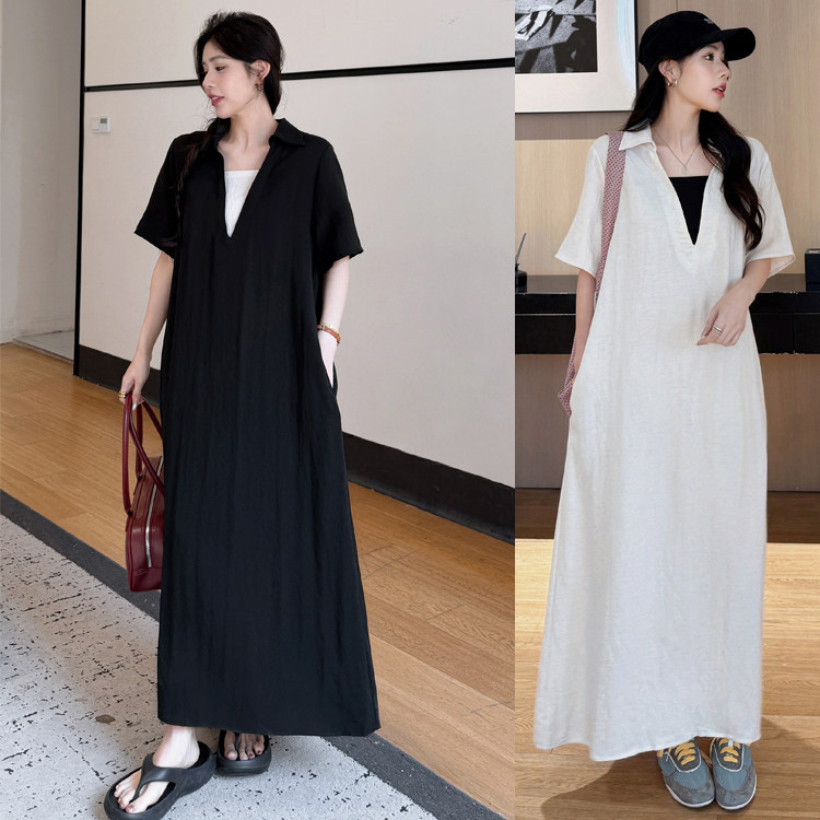 夏季新款过膝长裙大码宽松遮臀拼色气质遮肚显瘦亚麻棉短袖连衣裙