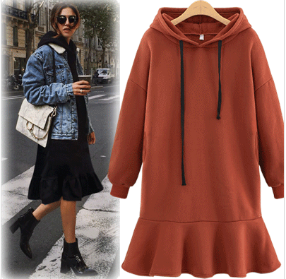 欧美胖MM宽松加绒打底连帽卫衣