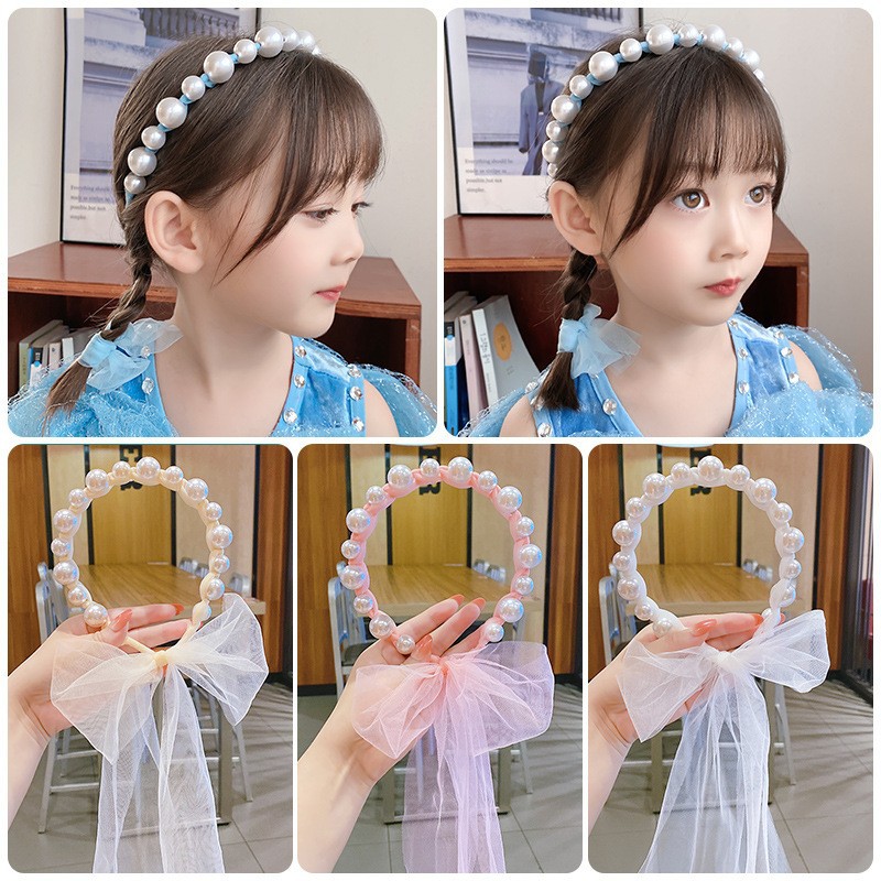 网红可爱女童珍珠头箍新款韩国公主编发头饰韩国儿童网纱飘带发箍
