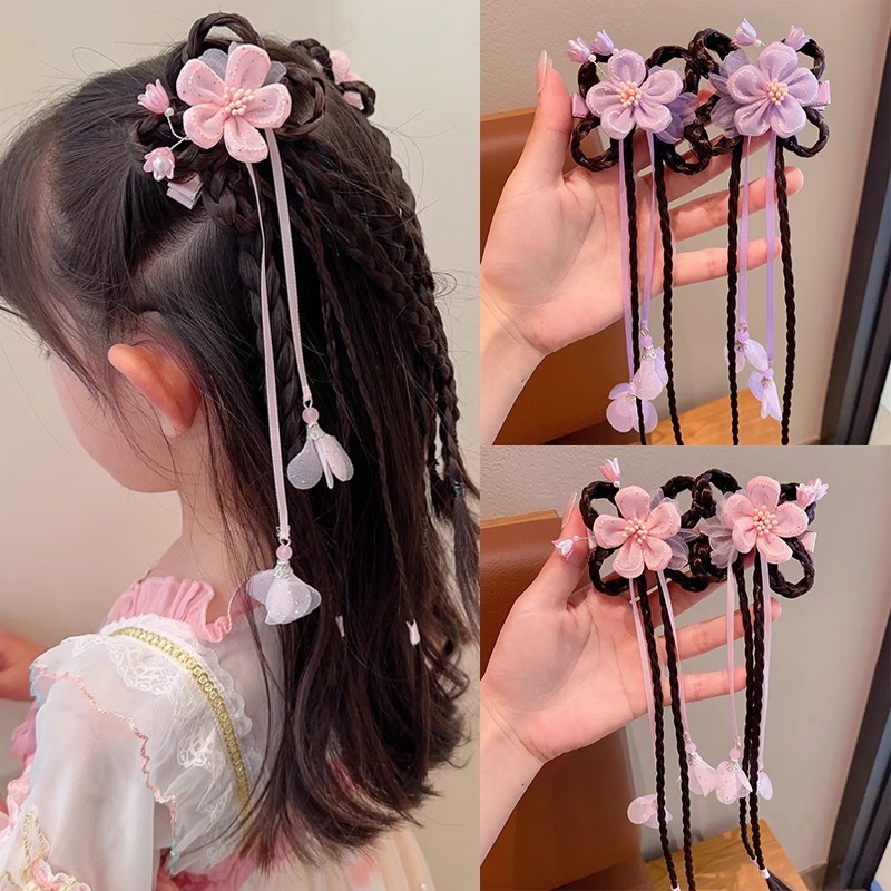 古风假发辫子发饰小女孩可爱花朵发卡儿童汉服头饰中国风女童