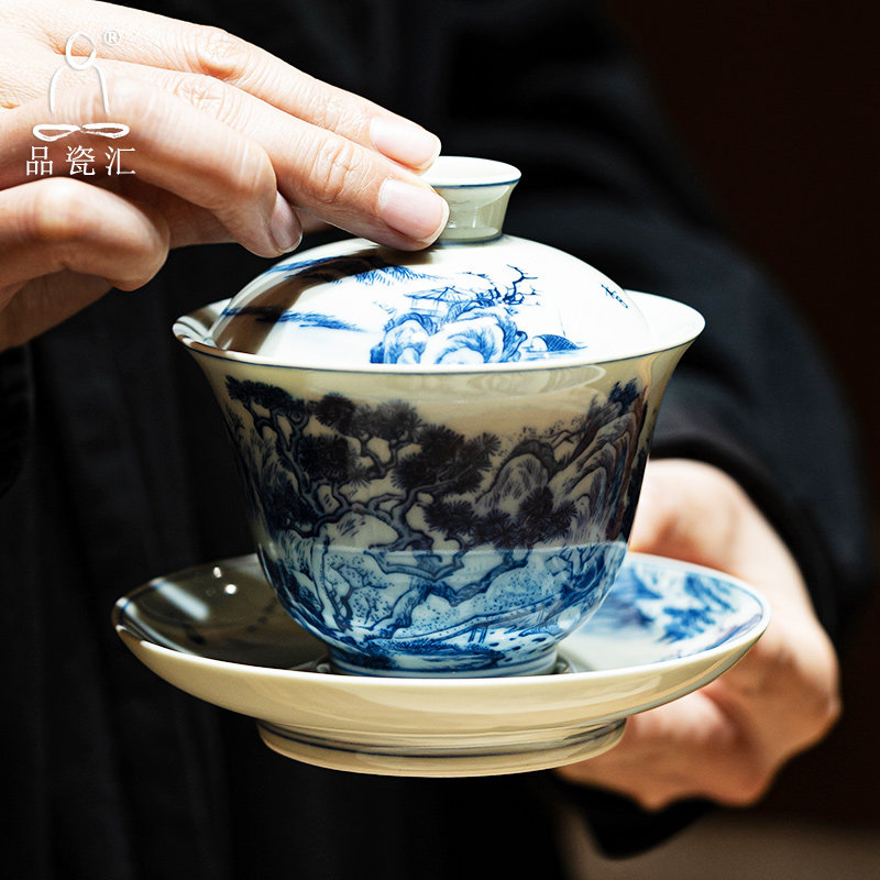 品瓷汇青花瓷釉里红三才盖碗茶杯大号复古单个家用泡茶碗送礼盒装