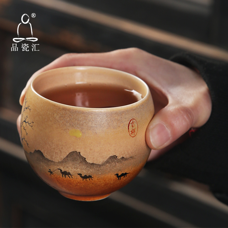 窑变陶瓷纯手绘山水茶杯仿古黄釉