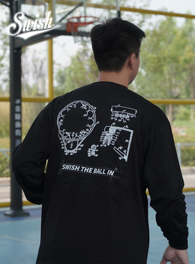 Swish 线稿印花纯棉美式篮球男秋季宽松投篮服训练服运动上衣男装