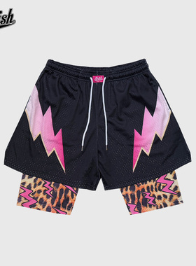 SWISH THE BALL IN闪电豹纹速干假两件网眼美式运动短裤健身训练