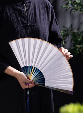 钛合金手工折扇扇骨手工精雕陨石坑纹手工拉丝烤钛彩工艺扇面绢布