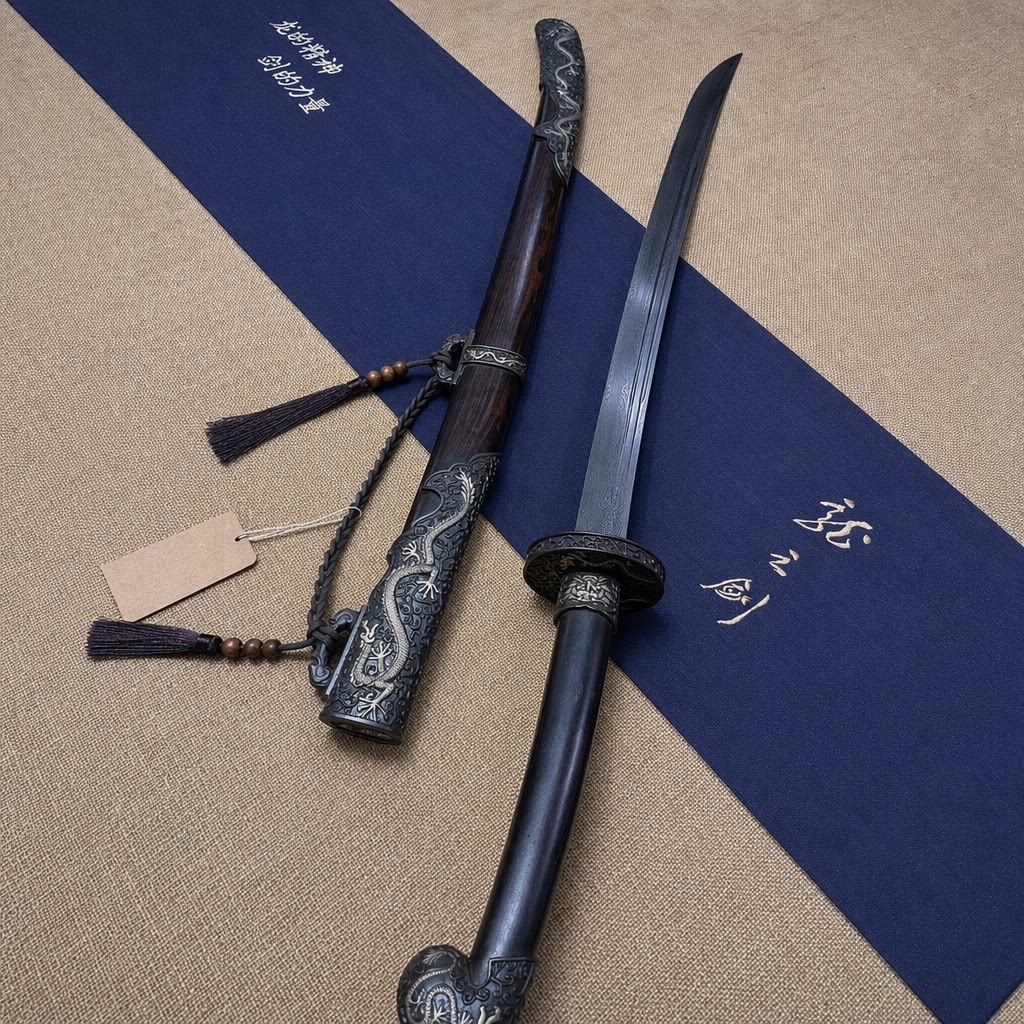 正品龙泉宝剑厂三色黑檀木康熙战刀具防身花纹钢收藏刀剑未开刃