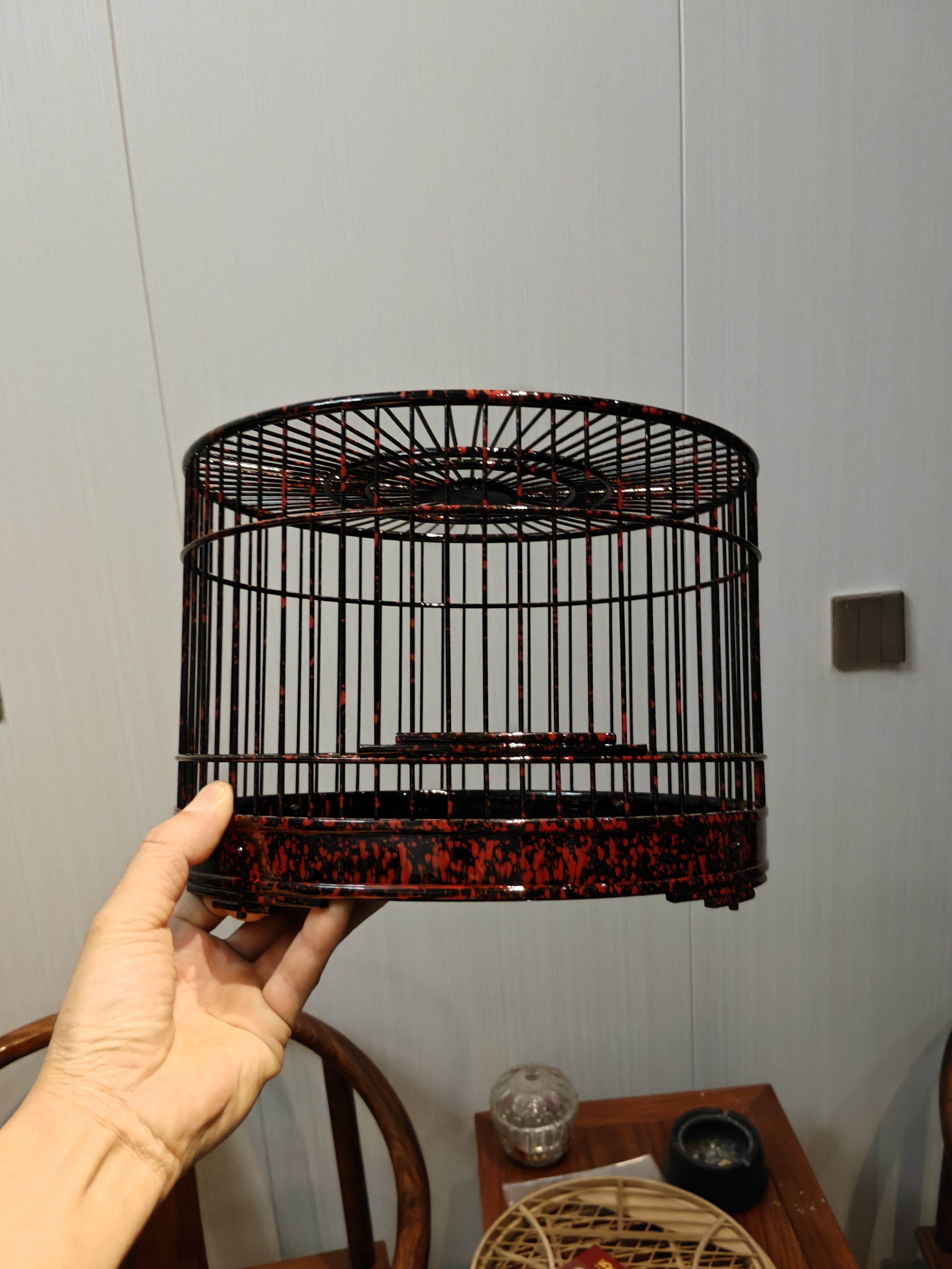 鸟笼鸟具，虎皮大漆红子笼，靛颏鸟笼
