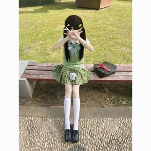 胖MM大码小青梅JK制服格裙短裙夏季新品绿色马甲叠穿衬衫学院套装