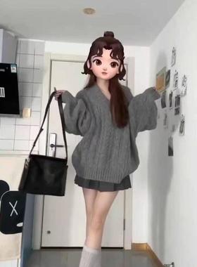 胖MM大码韩系复古穿搭慵懒风v领灰色大毛衣秋冬宽松百搭针织衫女