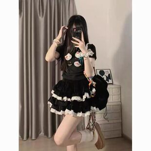 胖MM200斤特大码多巴胺Kt猫短袖显瘦T恤上衣蛋糕裙蓬蓬裙套装裙