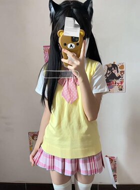 胖MM大码学院风JK制服黄色针织马甲背心叠穿百搭糖果短裙一整套装