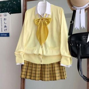 胖MM大码JK制服向日葵百褶裙学院针织开衫套装长袖毛衣百搭外套女
