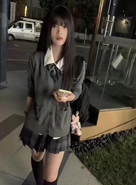 胖MM大码jk制服学院套装灰色针织开衫显瘦甜酷日系秋冬复古毛衣女