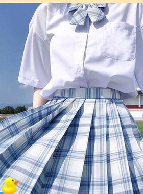 胖MM大码夏季不死川JK制服蓝白套装高腰格裙学院风微胖遮肚百褶裙