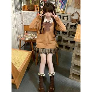 胖MM大码学院风JK制服针织衫糖炒栗子配色毛衣外套jk格裙一整套女
