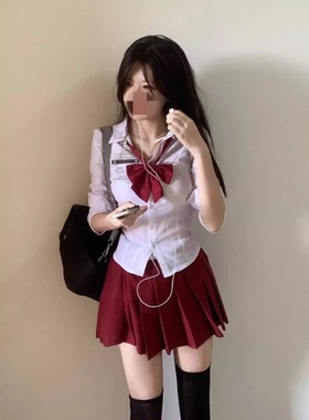 胖MM200斤特大码性感百褶裙红色JK制服高腰显瘦半身裙收腰衬衫女