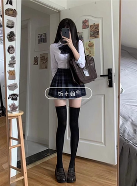 胖MM200斤特大码日系jk制服高腰百褶裙短淑格裙长袖收腰衬衫套装