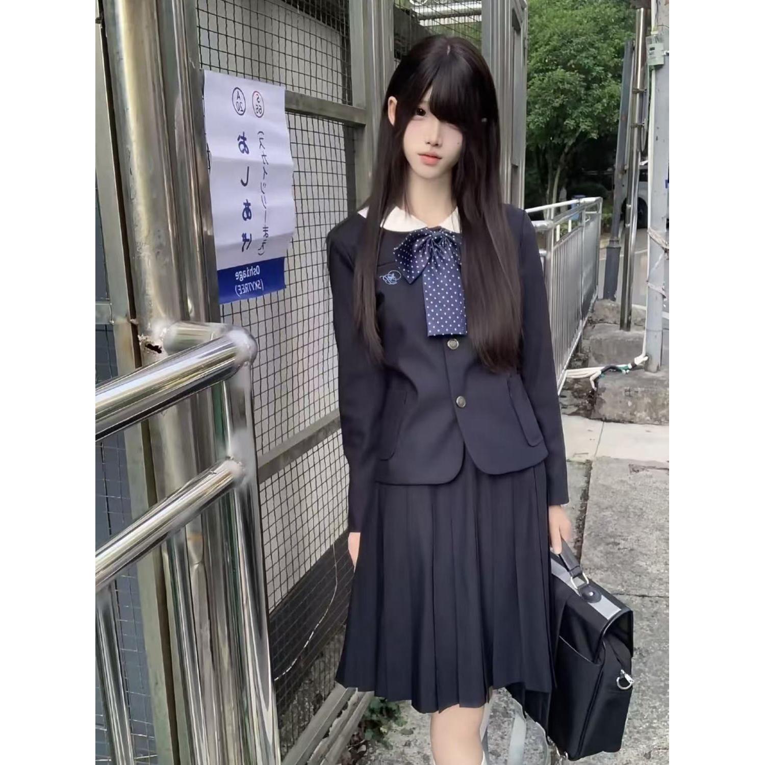 胖MM大码学院风小圆领西装外套绀色JK制服套装短裙中裙韩系套装女