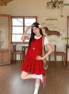 胖MM大码红色波点背心连衣裙女夏韩系甜美叠穿收腰花苞蓬蓬裙短裙