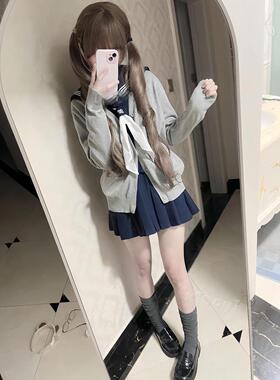 胖MM大码JK制服针织衫灰色开衫校供感学院风百搭绀Jk短裙一整套装