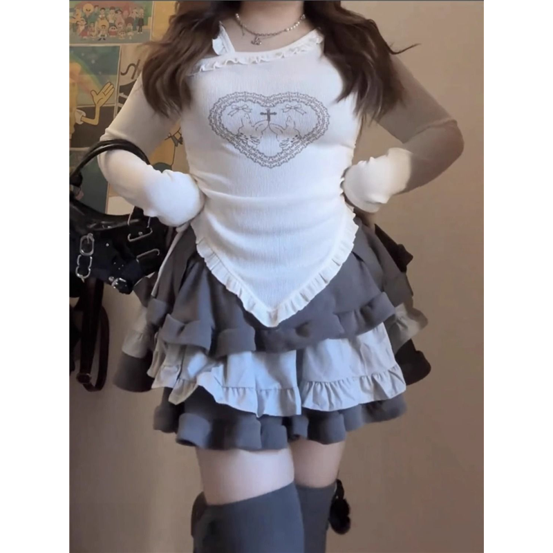 胖MM200斤特大码少女早秋短款上衣超重工蛋糕蓬蓬短裙甜辣妹套装