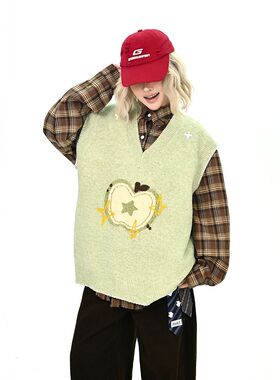 胖MM大码绿色苹果背心女2025秋季新款时尚宽松bf韩系慵懒针织上衣