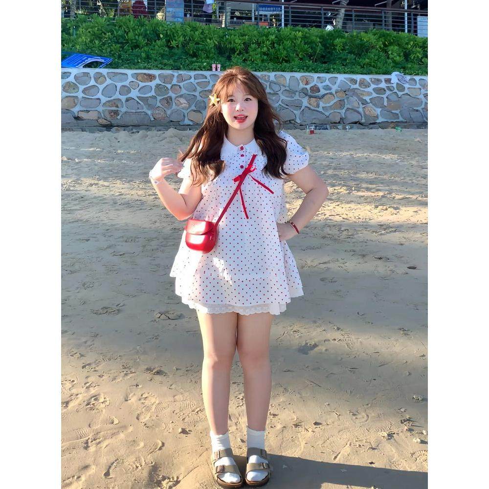 胖MM大码可爱甜美显白红色波点娃娃领短袖连衣裙宽松遮肉蝴蝶结女