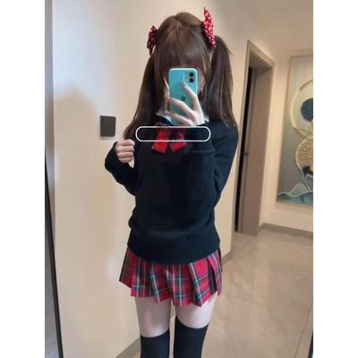 胖MM大码JK制服秋冬套装格裙长袖毛衣套头学院风校供软妹叠穿上衣