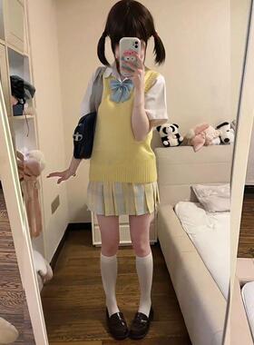 胖MM大码日系短袖上衣叠穿背心针织衫百搭小众夏季柚月JK裙套装女