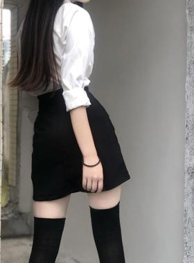 胖MM200斤特大码辣妹收腰白色衬衫黑色高腰开叉半身裙套装两件套