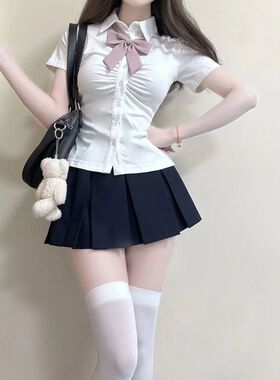 胖MM大码学院jk制服短袖衬衫小众收腰衬衣显瘦系带白色上衣两件套