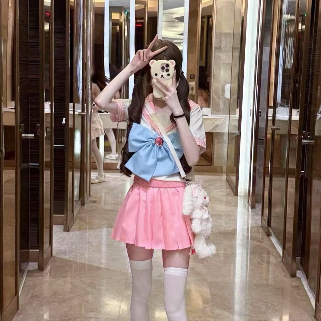 胖MM大码JK制服套装夏季日系学院风甜美少女粉色蓝色水手服校供感