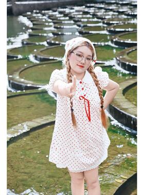 胖MM大码小个子甜美减龄娃娃领波点连衣裙子女新款法式温柔风短裙