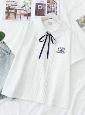 胖MM200斤特大码风琴褶短袖衬衫jk制服日系软妹学院风娃娃领上衣