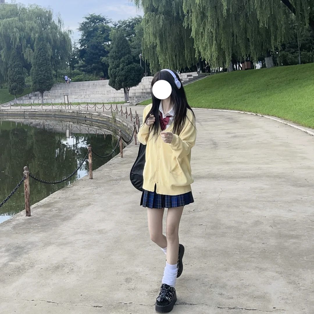 胖MM大码jk制服秋冬套装黄色针织开衫毛衣衬衫甜美格裙四件套女