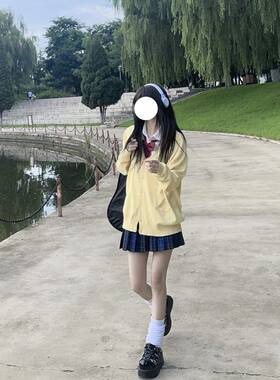 胖MM大码jk制服秋冬套装黄色针织开衫毛衣衬衫甜美格裙四件套女