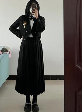 胖MM200斤特大码新款气质学院风黑色西装百褶裙长裙高腰a字半身裙