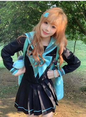 胖MM大码新款青本绘套装水手服短袖长袖衬衫校供感K短裙学院套装