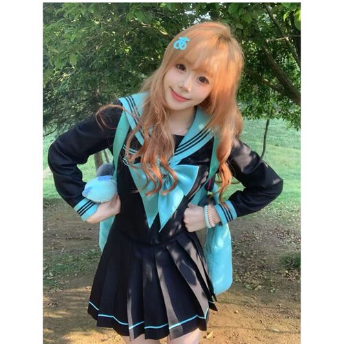 胖MM大码新款青本绘套装水手服短袖长袖衬衫校供感K短裙学院套装