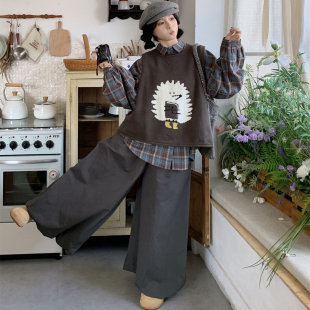 胖MM大码 复古设计感卷边提花毛衣女日系宽松叠穿卡通针织马甲上衣