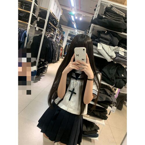胖MM大码学院风JK制服穿搭白三本中间水手服搭配百褶裙软妹套装女