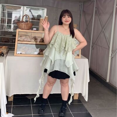 胖MM大码性感风挂脖式吊带背心女内搭蕾丝荷叶边层叠少女绿色上衣